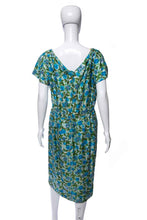 Load image into Gallery viewer, 1950&#39;s Blue and Green Floral Print Silk Cocktail Dress Size XL

