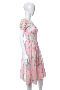 1940's Pink and Blue Floral Print Knee Length Dress Size S