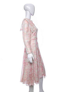 1980's Gunne Sax Pink Floral Long Sleeve Dress Size S