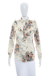 1970's Miss Rodeo America White and Floral Satin Blouse Size S/M