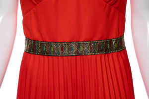 1970's Orange Pleat Detail Sleeveless Gown Size L