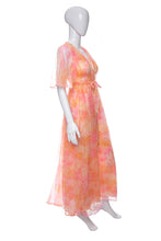 Load image into Gallery viewer, 1970&#39;s Miss Elaine Coral Floral Print Nightgown &amp; Robe Duo Size S
