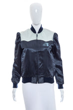 Load image into Gallery viewer, 1970&#39;s Miss Rodeo America Navy and Gray Satin Jacket Size S/M
