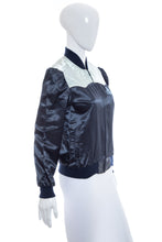 Load image into Gallery viewer, 1970&#39;s Miss Rodeo America Navy and Gray Satin Jacket Size S/M
