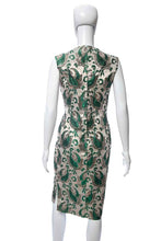 Load image into Gallery viewer, 1950&#39;s Jay Herbert Green, Silver, and Gold Metallic Lurex Brocade Sleeveless Cocktail Dress Size M
