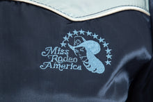 Load image into Gallery viewer, 1970&#39;s Miss Rodeo America Navy and Gray Satin Jacket Size S/M
