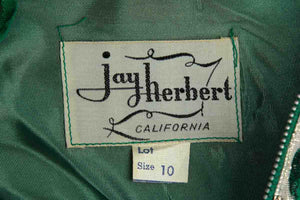 1950's Jay Herbert Green, Silver, and Gold Metallic Lurex Brocade Sleeveless Cocktail Dress Size M