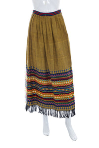 1970's Alycia Jeanne Wood Brown Embroidered Hippie Skirt Size S