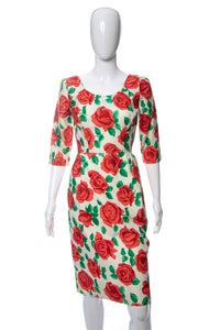 1950's White and Red Rose Print Knee Length Wiggle Dress Size S