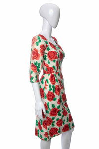1950's White and Red Rose Print Knee Length Wiggle Dress Size S