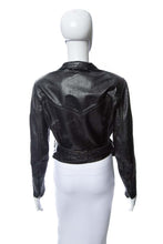 Load image into Gallery viewer, 1980&#39;s Falcon Drospo Black Cropped Leather Moto Jacket Size S
