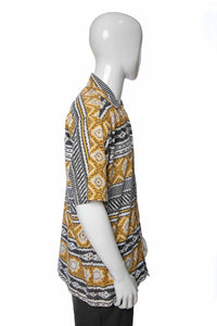 1970's Yellow and Black Geometric Print Tiki Shirt Size L