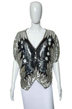 Load image into Gallery viewer, 1980&#39;s Metamorphosis Silver and Black Sequin Butterfly Blouse Size M
