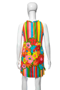 1960's Basila Neon Floral Print Sleeveless Tiki Dress Size M