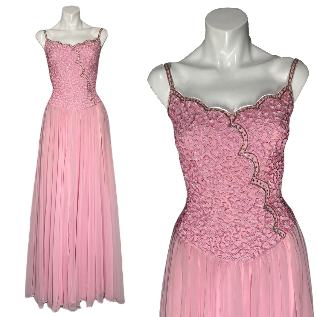 1980's Pink Sequin and Chiffon Evening Gown Size S