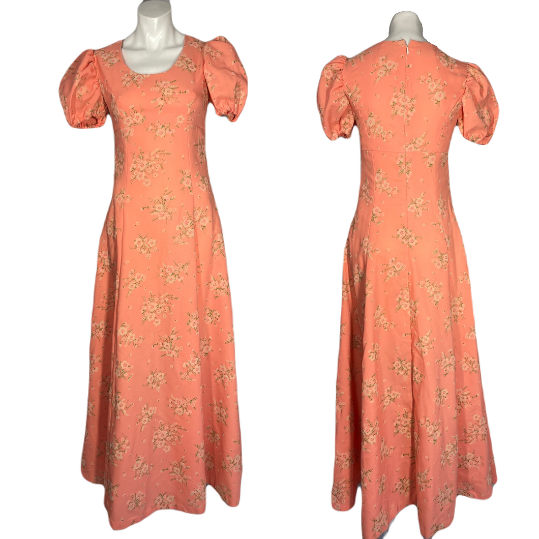 1970’s Floral Flocked Peach Maxi Dress Size S