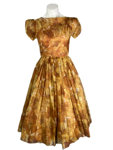 1960’s Copper Floral Chiffon Dress Size XS