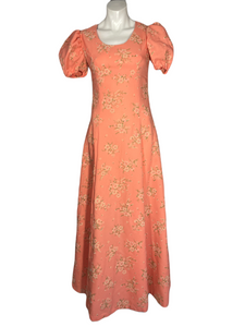 1970’s Floral Flocked Peach Maxi Dress Size S