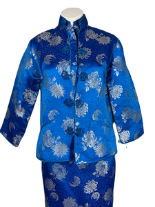 1960's Electric Blue Brocade Cheongsam and Jacket Size XS